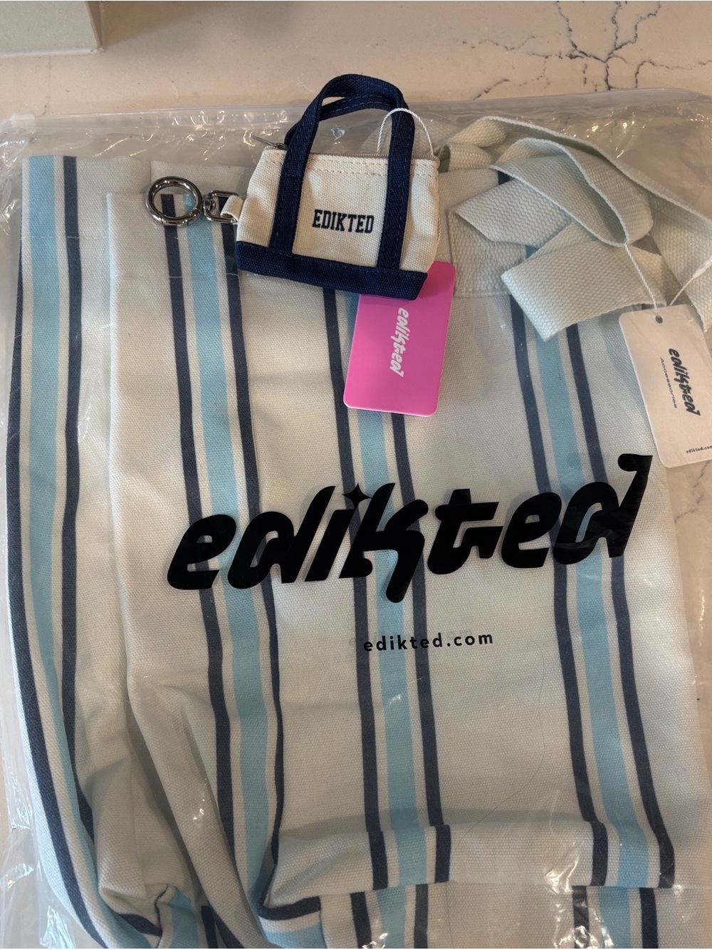 Edikted Roomy Blue and White Striped Canvas Tote + Cute Keychain Accessory NWT